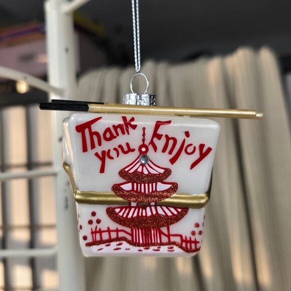 Chinese Take Out Box with Chopsticks Blown Glass Christmas Ornament Foodie - Picture 2 of 6